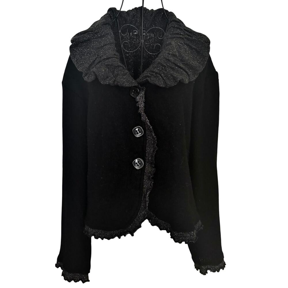 Vintage 80's Lisa International Metallic Ruffled Boiled Wool Cardigan Sweater